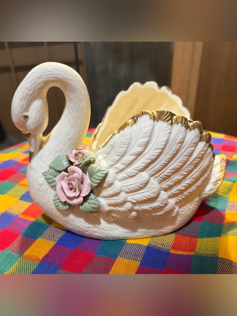 Vintage Large White Swan Porcelain Planter with Rose Accents